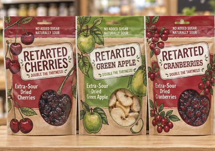 Three pouches of Retarted extra-sour dried fruit: cherries, green apple and cranberries